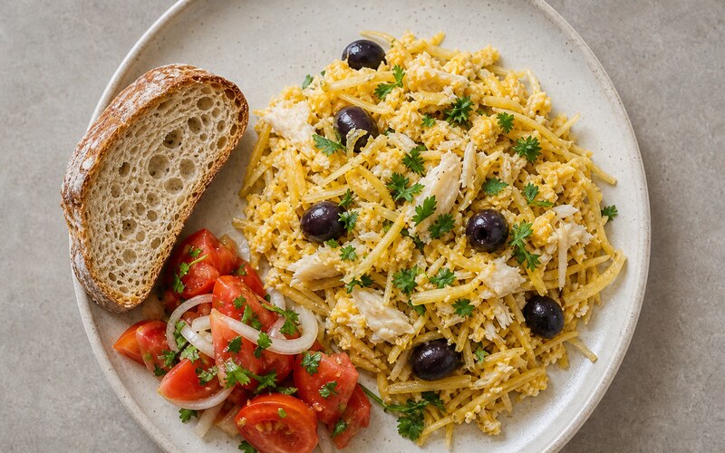 Prato português visto de cima com bacalhau, batata, tomate e pão