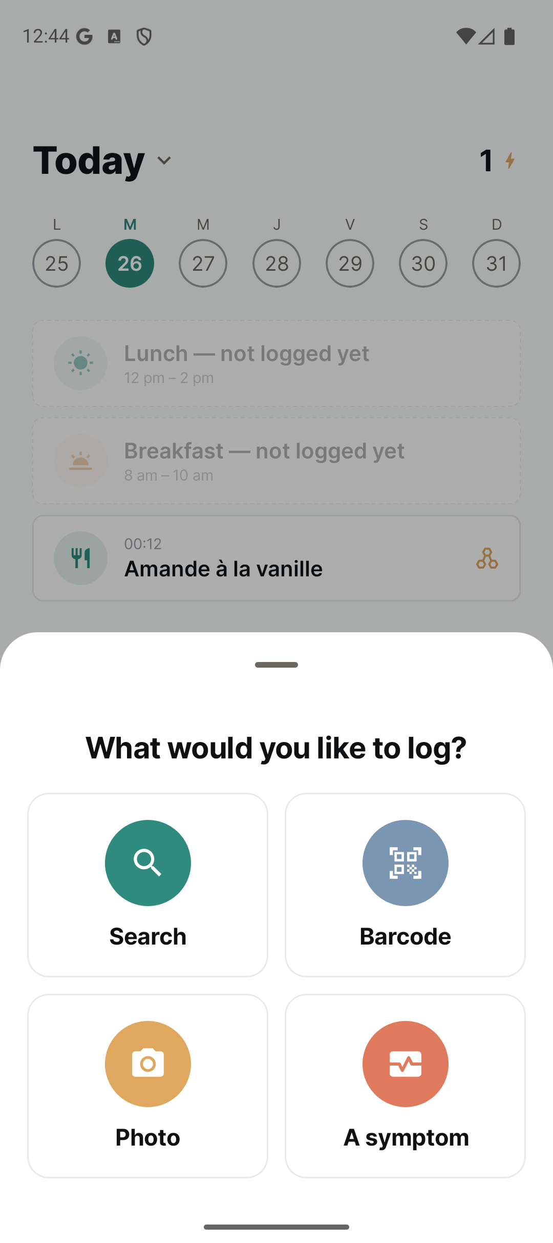 Ecrã inicial da Nutae em Android: diário alimentar do dia com fatores desencadeantes detetados