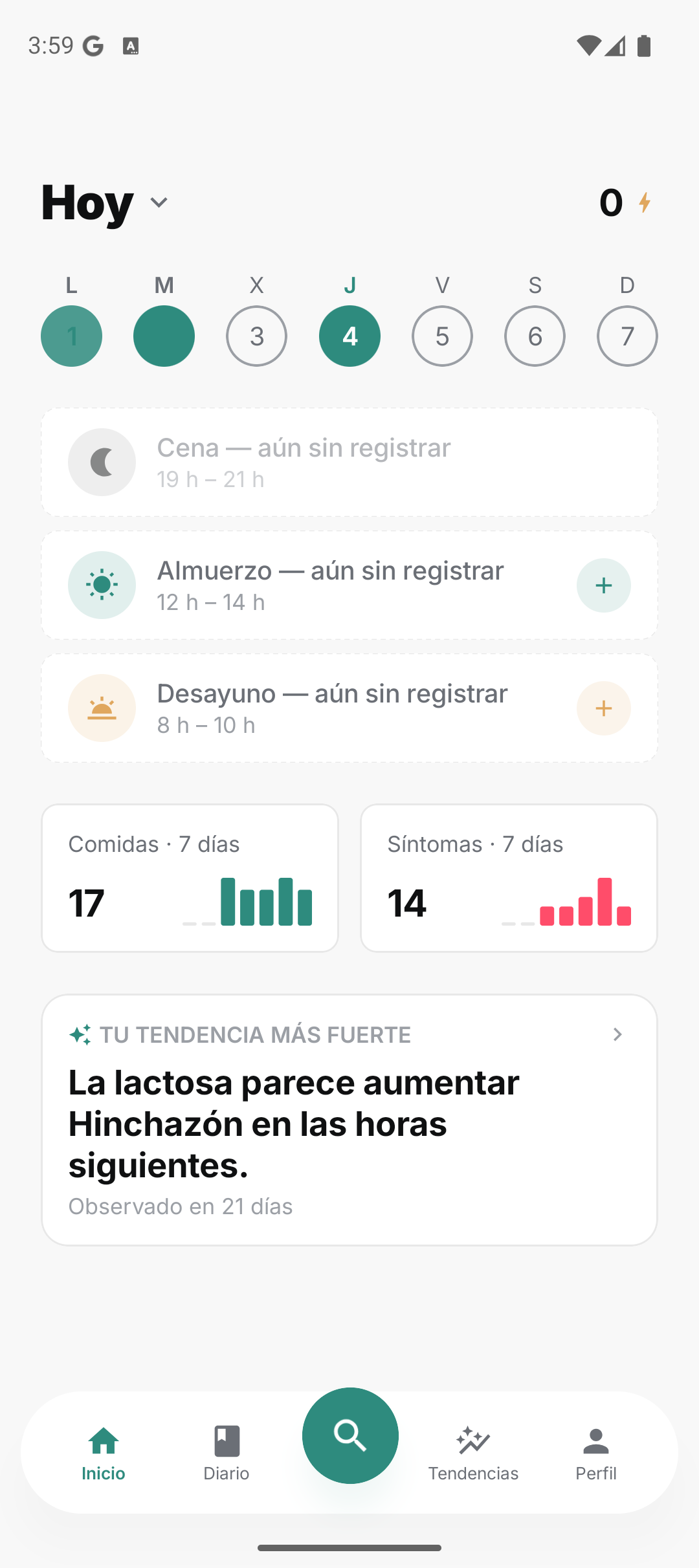 Pantalla de inicio de Nutae en Android: diario de alimentación del día con desencadenantes detectados