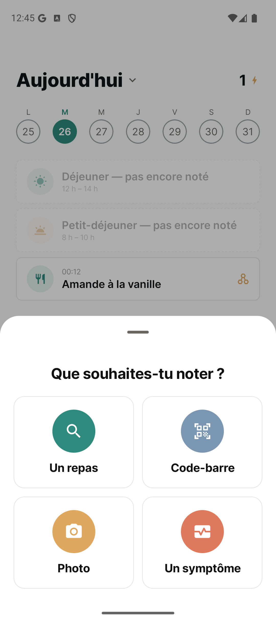 Écran d'accueil Nutae sur Android : journal alimentaire du jour avec déclencheurs détectés