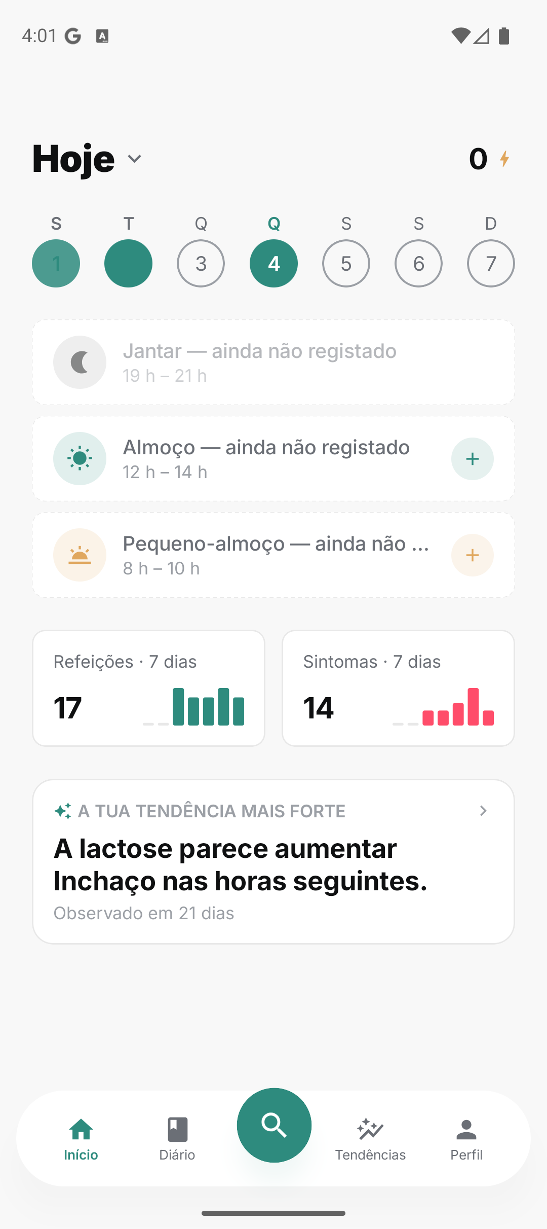Ecrã inicial da Nutae em Android: diário alimentar do dia com fatores desencadeantes detetados